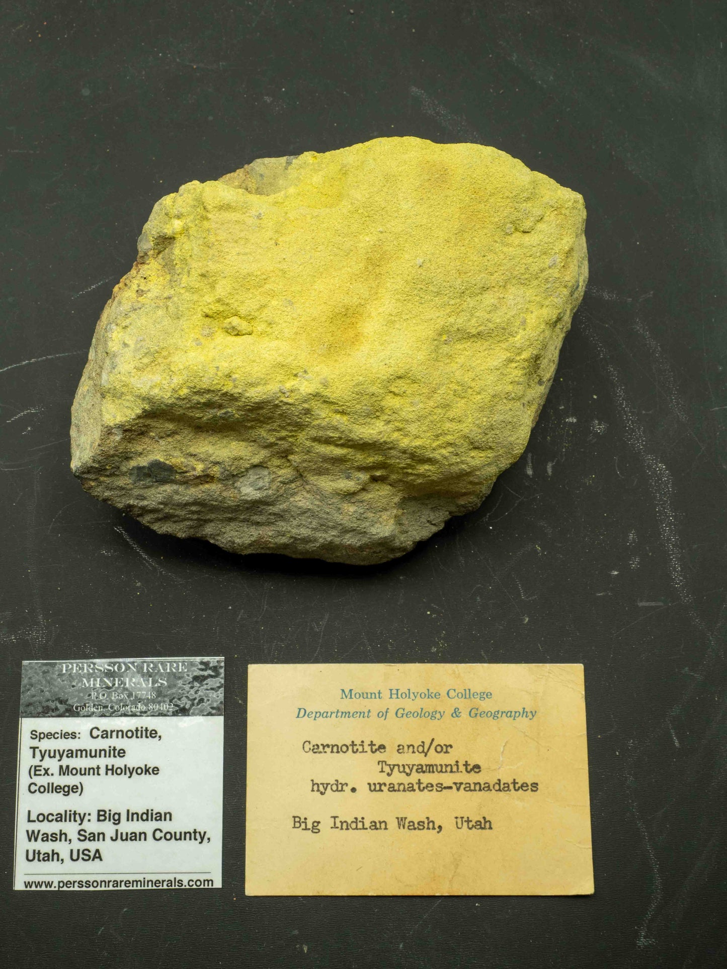 Carnotite & Tyuyamunite — Big Indian Wash, San Juan County, Utah, USA. Ex. Mount Holyoke College Teaching & Research Collection