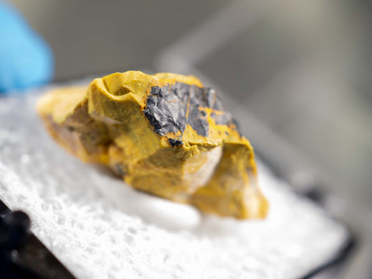 Uranophane Pseudomorphic Uraninite & Gummite — Bisundi Pegmatite, Bhilwara District, Ajmer Division, Rajasthan, India